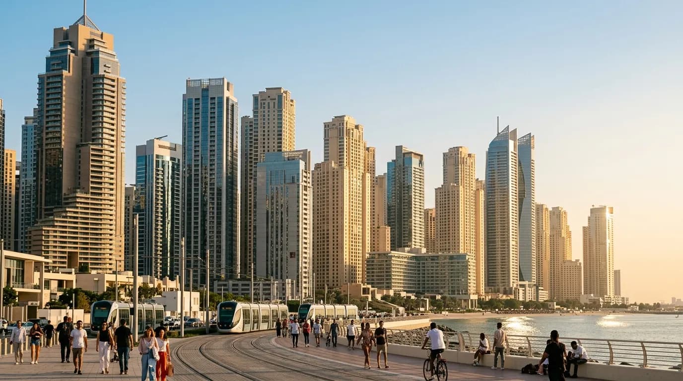 Gleaming modern Gulf skyline at golden hour