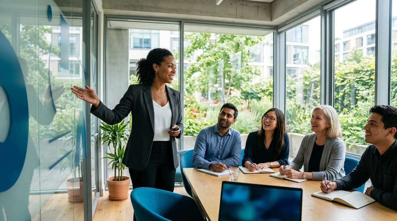 HR leader presenting to a small attentive group in a bright meeting room