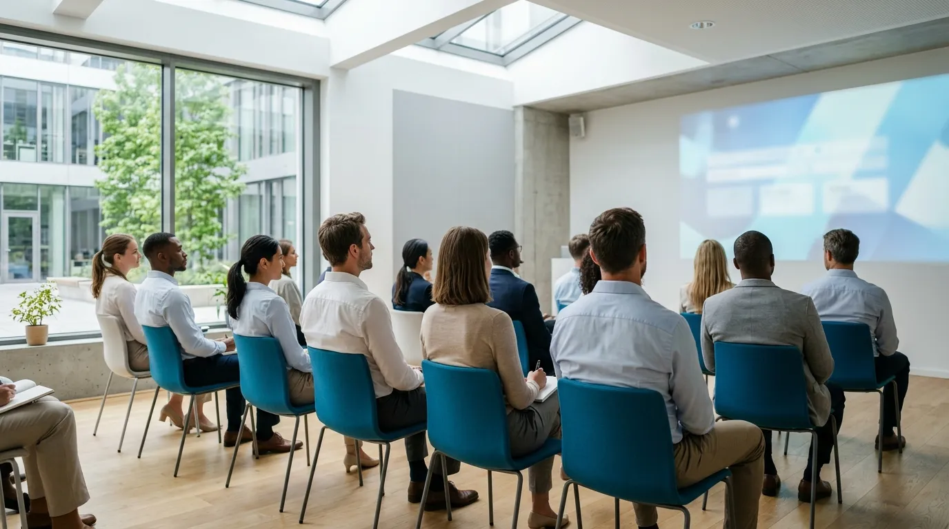 Professionals seated in a bright modern training space