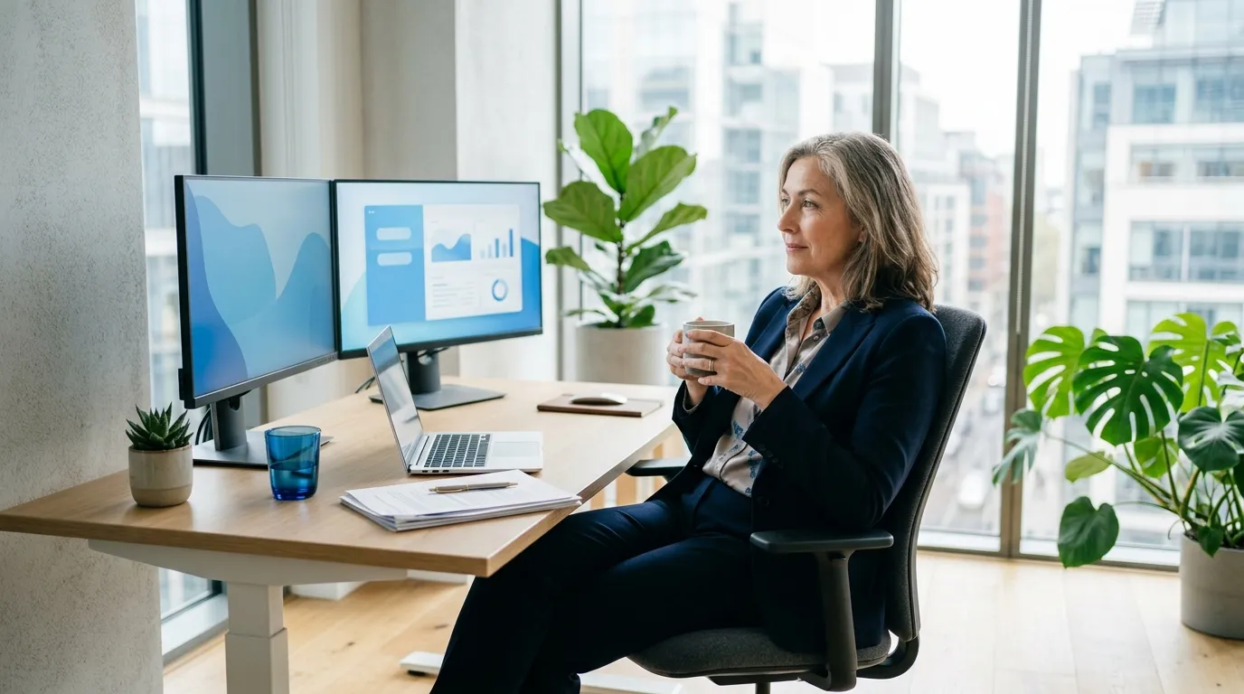 Executive reviewing abstract azure dashboards in a daylit corner office