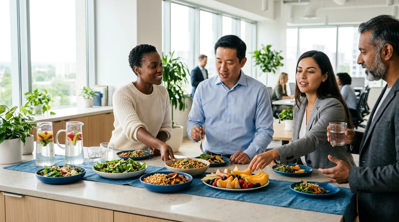 Hands reaching for a vibrant healthy spread in a bright office pantry